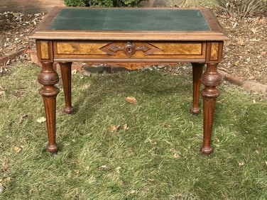 Victorian walnut one drawer writing desk, with green material writing surface, from a fine Victorian