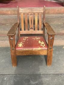 Mission Oak armchair with cutouts, older finish, structurally sound, wear to seat as pictured, from