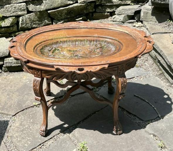 Circa 1930's mahogany lift top coffee table with carved Woman vlowing a conch & cherub, from local (1 of 3)