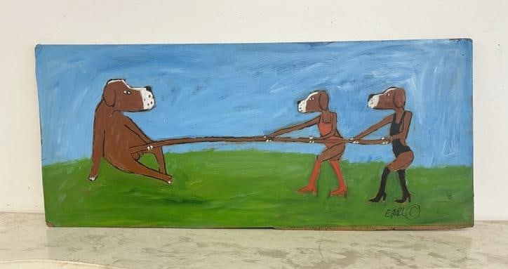 Earl Swanigan (1964 - 2019) o/b painitng with (3) dogs, pulling the one dogs penis….from local (1 of 2)