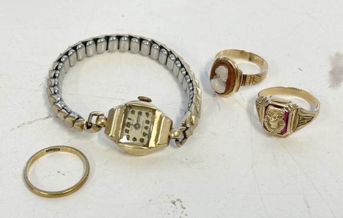 Misc. estate gold lot to include 14K ladies wrist watch (case only ), 14K wedding band, 10K school (1 of 3)