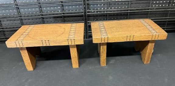 (2) circa 1920's carved oak foot stools, from local estate, structually sound, they measure 14" wide