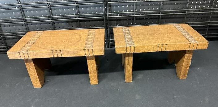 (2) circa 1920's carved oak foot stools, from local estate, structually sound, they measure 14" wide (1 of 3)