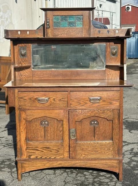 Fabulous Arts & Crafts English chest of drawers with beveled mirror and stained glass door on top, (1 of 5)