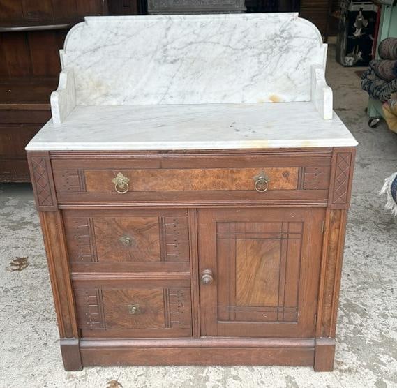 Victorian marble top washstand with backsplash, walnut & burl, structurally sound ( missing 2 rings: Victorian marble top washstand with backsplash, walnut & burl, structurally sound ( missing 2 rings of handles ), some light stains on the marble top, from Victorian mansion in Kingston, New York. Mea
