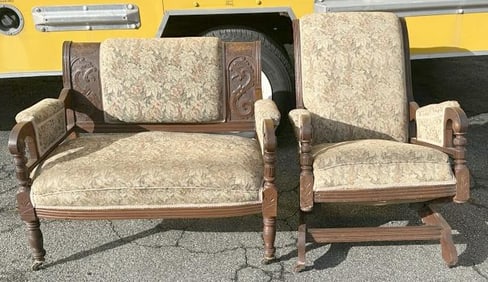 (2) pcs. Circa 1910 cherry settee and platform rocker in matching upholstery, structurally sound,