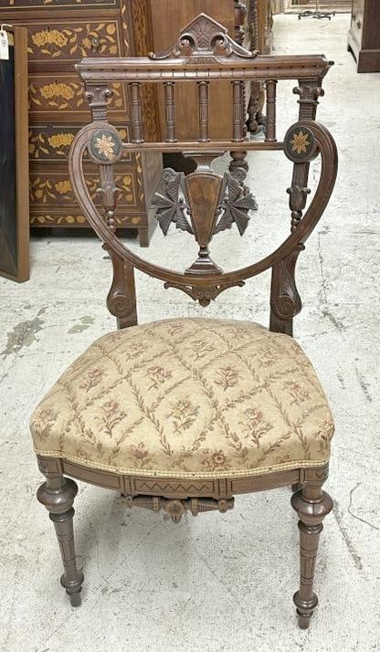 Victorian carved and inlaid side chair, from Kingston, N.Y. home. ( small piece off inlay missing ),: Victorian carved and inlaid side chair, from Kingston, N.Y. home. ( small piece off inlay missing ), structurally sound, nice form…..