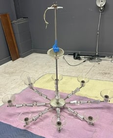 Circa 1970's chandelier, chrome and glass, nice overall condition from Woodstock, N.Y. home.