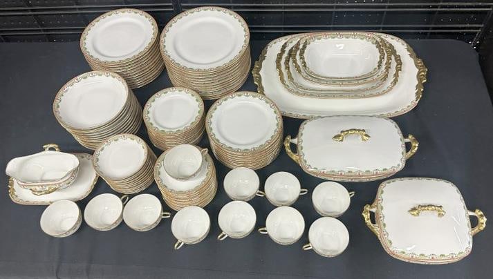 BIG LIMOGES dinner set in nice overall estate condition. Includes 3 graduated platters, 2 bowls, 2: BIG LIMOGES dinner set in nice overall estate condition. Includes 3 graduated platters, 2 bowls, 2 covered serving bowls, gravy boat, 11 cups, 12 dinner plates, 12 salad plates, 12 bowls, 12 small bow