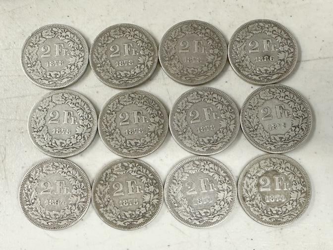 (12) 19th century ( 2 SWISS FRANCS ), from local estate, dates pictured.: (12) 19th century ( 2 SWISS FRANCS ), from local estate, dates pictured.