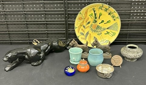 Misc. estate lot to include 1950's cougar tv lamp, Van Briggle vase, sterling porridger, pair Scotty