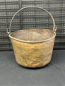 Early brass pail with handmade iron handle, dinges and dents, nice old patina, measures 12" high x