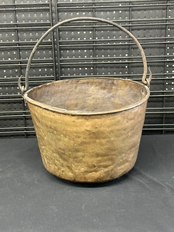 Early brass pail with handmade iron handle, dinges and dents, nice old patina, measures 12" high x (1 of 3)