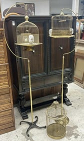 (3) brass birdcages, (2) on floor stands, (1) not, from local estate, tallest measures 65" high to