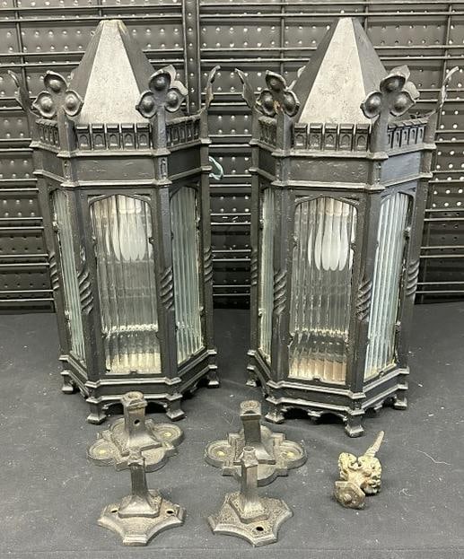 Incredible Bronze pair of wall lights, ( painted black ), with some wall brackets & (1) finial. All (1 of 7)