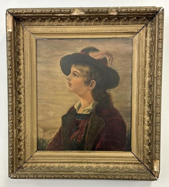 Circa 1900 o/b portrait of Woman with a feather in her hat, initialed on bottom ( DCY ), from estate: Circa 1900 o/b portrait of Woman with a feather in her hat, initialed on bottom ( DCY ), from estate in Hudson Valley, some wear to gesso frame, painting measures 14" x 11", the frame measures 19.5" x