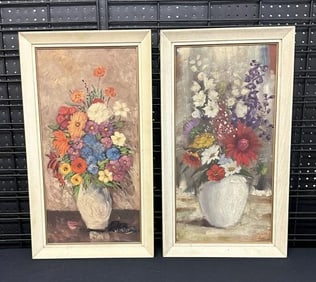 (2) circa 1950's o/c floral still lifes in matching frames, but signed by two different Artist's as