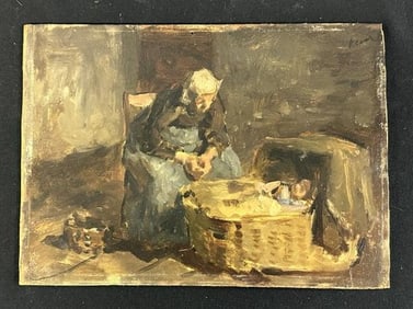 Jacob Simon Hendrik Kever (1854 - 1922) impressionist o/b of woman looking over a baby in bassinet.