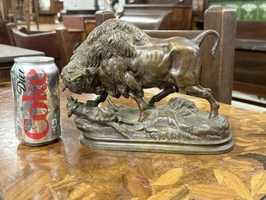 19th c bronze of a Bison fighting a Wolf, nice old patina, no damage, from estate in the Hudson