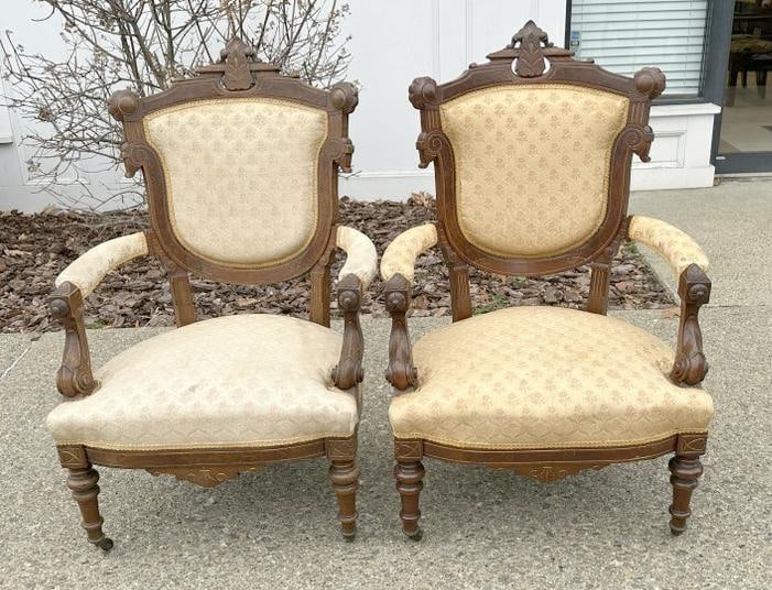 Pair of Victorian walnut armchairs from Victorian Mansion in Kingston, N.Y. One finish is better (1 of 4)
