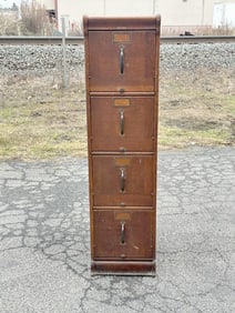 GLOBE (4) drawer oak filing cabinet in nice original condition, from Hudson Valley home,