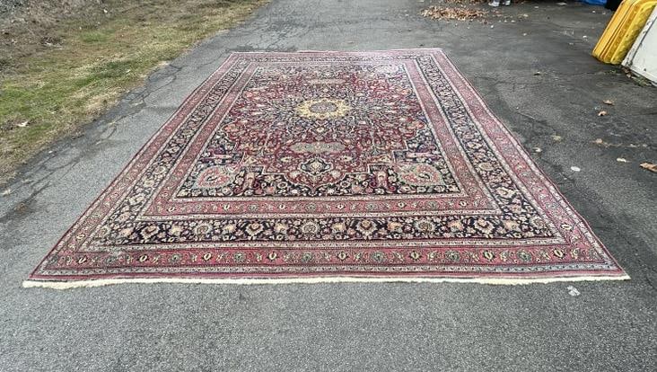 Handmade large wool oriental rug, with (3) worn pile spots, from local Victorian home, used till (1 of 3)