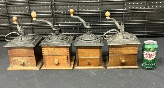(4) vintage table top coffee grinders, iron decorative tops, all intact, no makers name, all measure