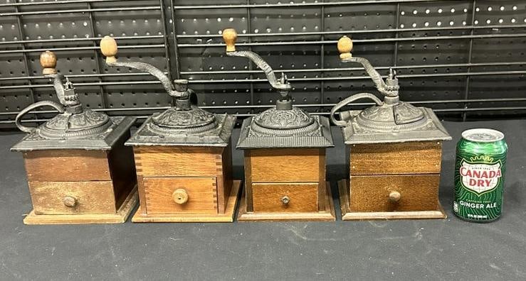 (4) vintage table top coffee grinders, iron decorative tops, all intact, no makers name, all measure: (4) vintage table top coffee grinders, iron decorative tops, all intact, no makers name, all measure approx. 6" x 6" x 5" high (not including crank height ), from Hudson Valley estate collection.