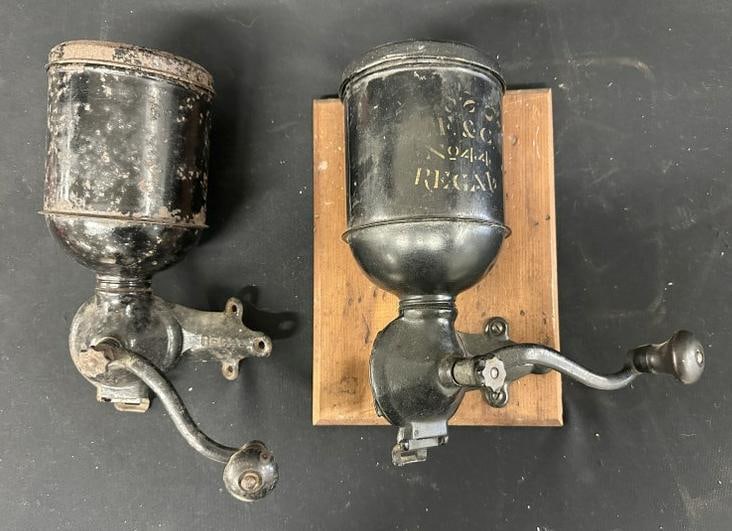 (2) REGAL wall mount coffee grinders, one on wood board, other is not. One has stenciling which is (1 of 1)
