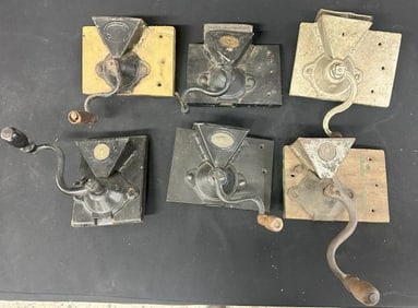 (6) wall mount early coffee grinders in as found condition, includes ( J & E Parker, Charles Parker