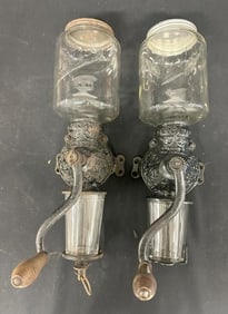 (2) ARCADE CRYSTAL wall mount coffee grinders ( No. 3 ), with jars, nice overall found condition,