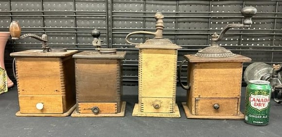 (4) antique counter top coffee grinders including (1) CHARLES PARKER & (1) IMPERIAL, from Hudson