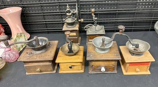 (6) vintage countertop coffee grinders, just as we found them, from Hudson Valley estate collection.
