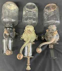 (3) ARCADE wall mount coffee grinders from local Hudson Valley collection (1) has no lid, just as we