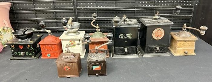 (9) vintage countertop coffee grinders, from local Hudson Valley collection, just as we found them,