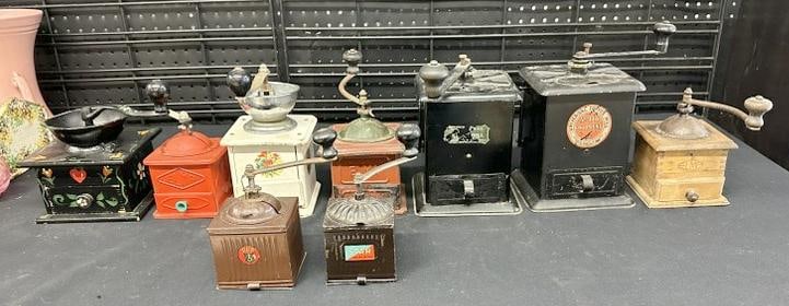 (9) vintage countertop coffee grinders, from local Hudson Valley collection, just as we found them,: (9) vintage countertop coffee grinders, from local Hudson Valley collection, just as we found them, includes (3) wood ones & (7) metal ones……Includes IMPERIAL, ELMA, STAR, & PPP.