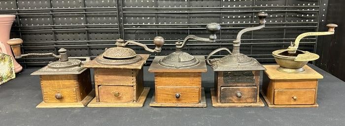 (5) vintage countertop coffee grinders, a few have loose wood and iron tops, one top lid won't close: (5) vintage countertop coffee grinders, a few have loose wood and iron tops, one top lid won't close smoothly, ( includes (2) ARCADE ), just as we found them from local Hudson Valley estate collection