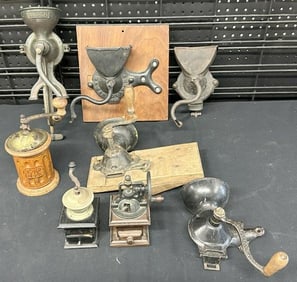 (8) vintage and a few not so vintage coffee grinders, wall mount and countertop, just as we found