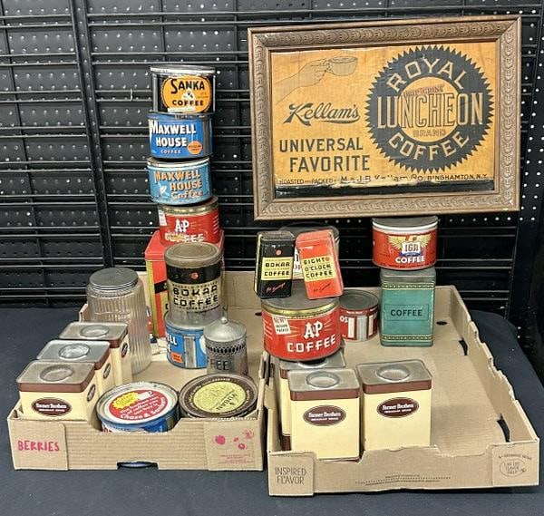 Vintage coffee can, tins, grounds holders & as is condition framed sign ( tape running across bottom (1 of 9)