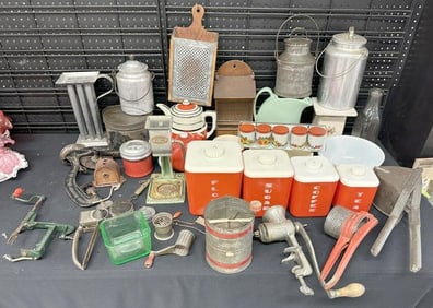 Big estate lot kitchen vintage collectibles, including old tins, cherry pitter, apple peeler,
