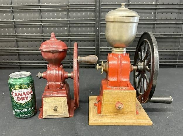 (2) pcs. Vintage countertop coffee grinders from Hudson Valley collection, includes a ( NACIONAL &: (2) pcs. Vintage countertop coffee grinders from Hudson Valley collection, includes a ( NACIONAL & ELMA ), iron bodies, nice overall condition, just as we found them. To show scale the tallest measure