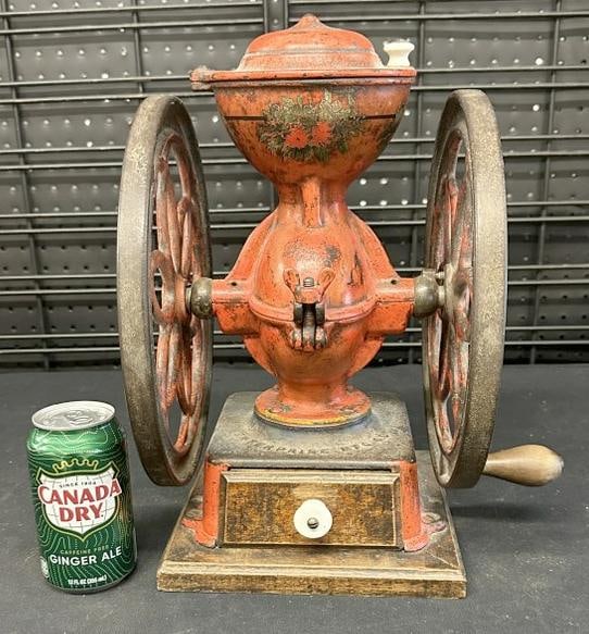 ENTERPRISE cast iron early countertop coffee grinder, from Hudson Valley collection we are selling.: ENTERPRISE cast iron early countertop coffee grinder, from Hudson Valley collection we are selling. Original paint, with wear to paint, has wooden drawer, measures 14.5" high, just as we found it, wit