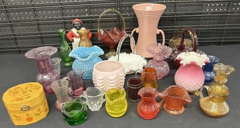 Estate lot colored glass vases, and pitchers, celuloid box with lid, reproduction Mammy cast iron (1 of 7)