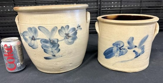 (2) stoneware decorated crocks with flowers, from Hudson Valley estate, Makers unknown, nice overall