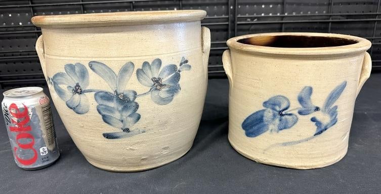 (2) stoneware decorated crocks with flowers, from Hudson Valley estate, Makers unknown, nice overall: (2) stoneware decorated crocks with flowers, from Hudson Valley estate, Makers unknown, nice overall condition, just as we found them. They measure 7" & 9" high.
