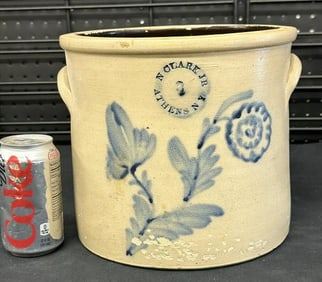 N CLARK ATHENS N Y floral decorated stoneware crock, (3) gallon, has flaking on bottom and (1) side,