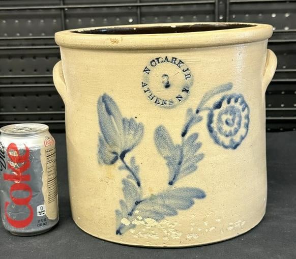 N CLARK ATHENS N Y floral decorated stoneware crock, (3) gallon, has flaking on bottom and (1) side,: N CLARK ATHENS N Y floral decorated stoneware crock, (3) gallon, has flaking on bottom and (1) side, measures 9" high, from Hudson Valley estate, just as we found it.