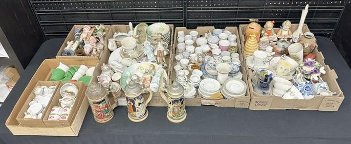 BIG estate lot older porcelains and ceramics, including figures, (3) steins, vases, cups & saucers,