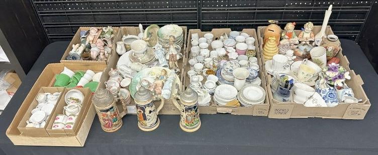 BIG estate lot older porcelains and ceramics, including figures, (3) steins, vases, cups & saucers,: BIG estate lot older porcelains and ceramics, including figures, (3) steins, vases, cups & saucers, plates, bowls, souvenirs, dolls sets of dishes, etc. Great lot for a dealer to sort out…...a lot