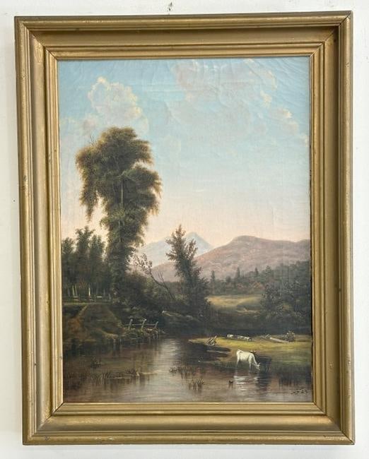 Angie M. Phelps Adams (1833 - 1918) o/c landscape with cows grazing by stream in foreground and: Angie M. Phelps Adams (1833 - 1918) o/c landscape with cows grazing by stream in foreground and mountains in background, signed lower left. Well executed, from Albany, N.Y. estate. Nice estate